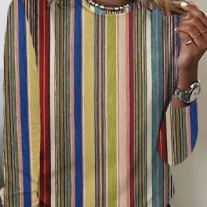 Casual Striped Crew Neck Long Sleeve T-shirt, T-shirts, color:Multicolor|size:XXL, catalog Noracora shop