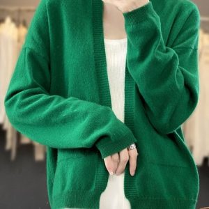 Women Wool/Knitting Plain Long Sleeve Comfy Casual Pocket Stitching Cardigan, Cardigans, color:Green|size:XXL, catalog Noracora shop