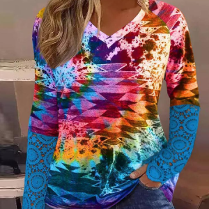 V Neck Long Sleeve Ethnic Regular Micro-Elasticity Loose Blouse For Women, T-shirts, color:Multicolor|size:XL, catalog Noracora shop
