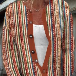 Women Striped Long Sleeve Comfy Casual Buttoned Cardigan, Cardigans, color:Red Brown|size:3XL, catalog Noracora shop