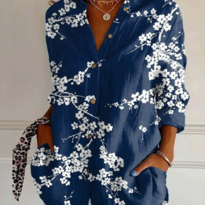 Shirt Collar Long Sleeve Striped Regular Loose Shirt For Women, Shirts, color:Deep Blue|size:4XL, catalog Noracora shop