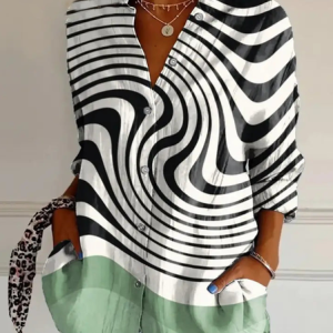 Shirt Collar Long Sleeve Striped Regular Loose Shirt For Women, Shirts, color:Black|size:4XL, catalog Noracora shop