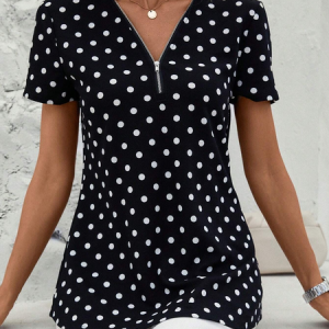 Women's Short Sleeve Blouse Summer Dark Blue Polka Dots Zipper V Neck Going Out Top, JustFashionNow Blouses, color:Black|size:XXL,
