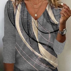 Women's Long Sleeve Tee T-shirt Spring/Fall Geometric Jersey V Neck Vacation Going Out Casual Top, JustFashionNow T-Shirts, color:Gray|size:XXL,