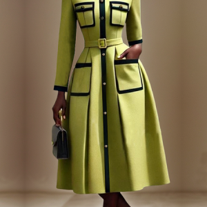 Regular Fit Regular Sleeve Crew Neck Long Sleeve Elegant Midi Dress With Belt, Midi Dresses, color:Green|size:XXL, Stylewe