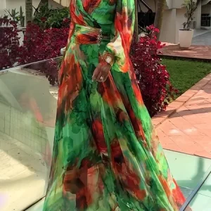 Vacation Floral Balloon Sleeve Printing Cross Neck Maxi Dress With Belt, Maxi Dresses, color:Green|size:XXL, Stylewe