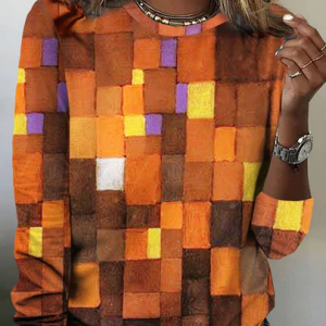 Crew Neck Casual Loose Geometric T-Shirt, Long sleeves, Lilicloth.com