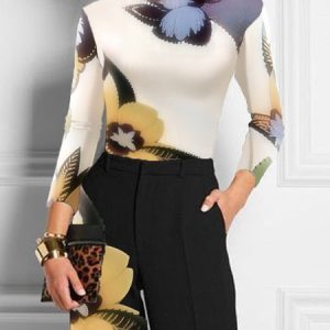 Floral Urban Tight T-Shirt, Tees, color:Off White|size:XXL, Stylewe