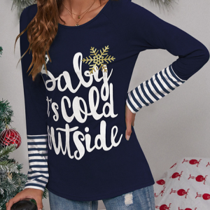 Crew Neck Long Sleeve Striped Regular Micro-Elasticity Loose Blouse For Women, Blouses, color:Navy Blue|size:XXL, catalog Noracora shop