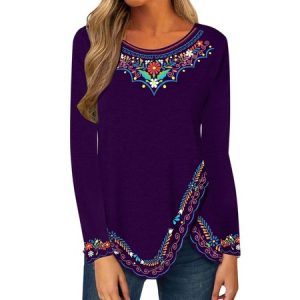 Crew Neck Long Sleeve Ethnic Regular Micro-Elasticity Loose Blouse For Women, Blouses, color:Purple|size:3XL, catalog Noracora shop