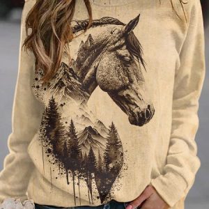 Western style horse art pattern round neck pullover sweatshirt, Hoodies&Sweatshirts, Lilicloth.com