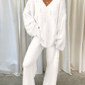 Women Plain V Neck Long Sleeve Comfy Casual Zipper Top With Pants Two-Piece Set, Sets, color:White|size:XL, catalog Noracora shop