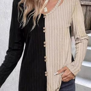V Neck Long Sleeve Color Block Regular Micro-Elasticity Loose Blouse For Women, Blouses, color:Black|size:XL, catalog Noracora shop