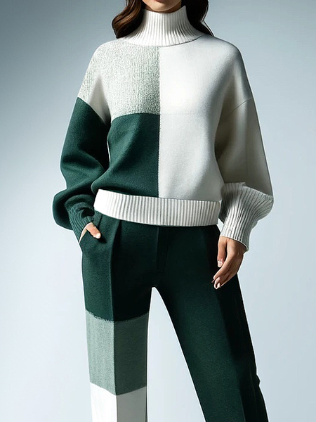 Casual Color Block Turtleneck Sweater, Pullovers, color:As Picture|size:XXL, Stylewe
