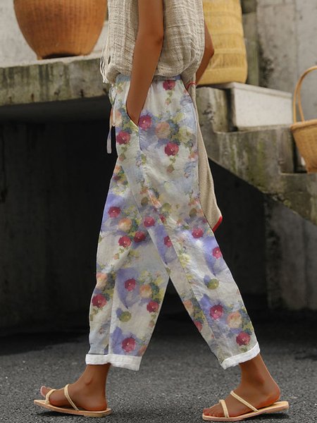 Women's Trousers Harem Pants Daily Going Out Casual Cotton Floral Spring/Fall Pants, JustFashionNow Pants, color:Blue|size:XXL,