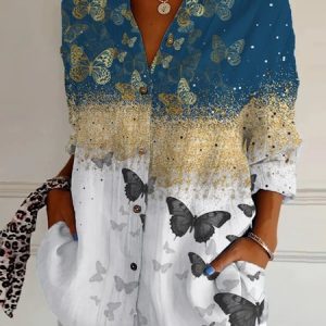 Shirt Collar Long Sleeve Ombre Regular Loose Shirt For Women, Shirts, color:Blue|size:5XL, catalog Noracora shop