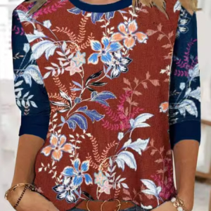 Casual Floral Crew Neck Long Sleeve T-shirt, T-shirts, color:Red Brown|size:4XL, catalog Noracora shop
