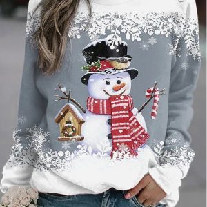 Casual Crew Neck Christmas Snowman Print Sweatshirt, Hoodies & Sweatshirts, color:Grey-blue|size:5XL, catalog Noracora shop