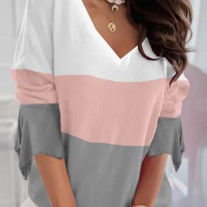 Casual Color Block V Neck Three Quarter Sleeve T-shirt, T-shirts, color:Pink-white|size:XXL, catalog Noracora shop