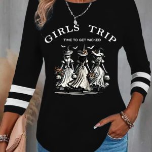 Women's Funny Halloween Witches Girls Trip Time To Get Wicked Casual Long Sleeve Shirt, Long sleeves, Lilicloth.com