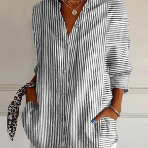 Shirt Collar Long Sleeve Striped Regular Loose Shirt For Women, Shirts, color:Gray|size:4XL, catalog Noracora shop