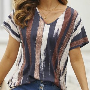 Stripes V Neck Basic Shift T-shirt, T-shirts, color:As Picture|size:XS, catalog Noracora shop