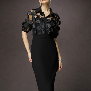 Urban Geometric Shirt Collar Party Dress, Midi Dresses, color:Black|size:XXL, Stylewe