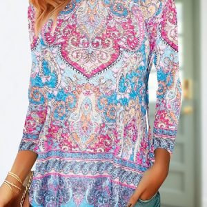 Casual Ethnic Crew Neck Long Sleeve T-shirt, T-shirts, color:Multicolor|size:XXL, catalog Noracora shop
