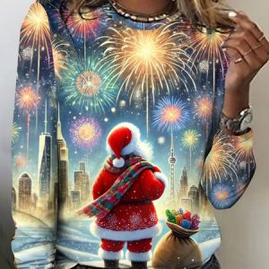 Vintage Santa Claus Pattern Crew Neck Long Sleeve T-shirt, T-shirts, color:Light Blue|size:5XL, catalog Noracora shop