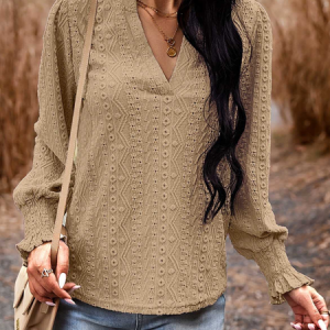 Notched Long Sleeve Plain Lace Regular Micro-Elasticity Loose Blouse For Women, Blouses, color:Khaki|size:XXL, catalog Noracora shop