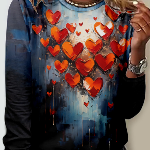 Casual Crew Neck Jersey Heart/Cordate T-Shirt, Long sleeves, Lilicloth.com