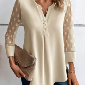 Notched Long Sleeve Plain Lace Regular Micro-Elasticity Loose Blouse For Women, Blouses, color:Off White|size:XXL, catalog Noracora shop