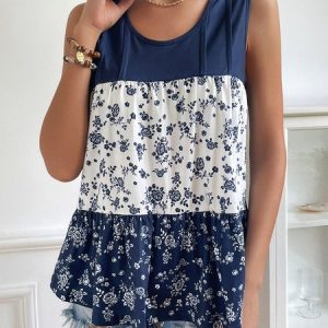 Loose Casual Floral Printed Crew Neck Tank Top, Tanks & Camis, color:Blue|size:XXL, catalog Noracora shop