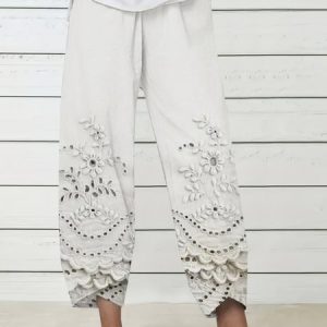 Casual Floral Long Elastic Waist Pocket Stitching Pants, Pants, color:White|size:4XL, catalog Noracora shop