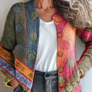 Women Yarn/Wool Yarn Geometric Long Sleeve Comfy Boho Cardigan, Outerwear, color:Multicolor|size:5XL, catalog Noracora shop