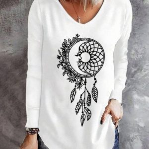 Boho Dreamcatcher V Neck Long Sleeve T-shirt, T-shirts, color:White|size:3XL, catalog Noracora shop
