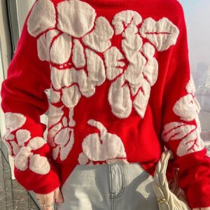 Turtleneck Floral Casual Sweater, Pullovers, color:Red|size:XXL, Stylewe