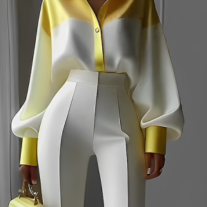 Satin Urban Balloon Sleeve Color Block Shirt, Blouses and Shirts, color:As Picture|size:XS, Stylewe
