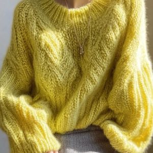 Long Sleeve Casual Loosen Plain Crew Neck Sweater, Pullovers, color:Yellow|size:XXL, Stylewe