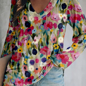 V Neck Long Sleeve Floral Regular Micro-Elasticity Loose Blouse For Women, T-shirts, color:Multicolor|size:4XL, catalog Noracora shop