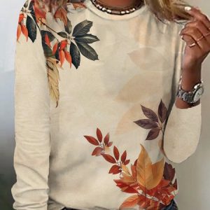 Casual Maple Leaf Crew Neck Long Sleeve T-shirt, T-shirts, color:Orange Red|size:XXL, catalog Noracora shop