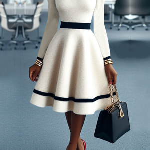 Regular Fit Crew Neck Long Sleeve Elegant Puff Sleeve Midi Sweater Dress, Midi Dresses, color:Black-white|size:XXL, Stylewe