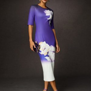Urban Floral Printing Crew Neck Midi Dress, Midi Dresses, color:Purple|size:XXL, Stylewe
