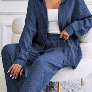 Women Plain Shawl Collar Long Sleeve Comfy Casual Coat With Pants Two-Piece Set, Sets, color:Blue|size:M, catalog Noracora shop