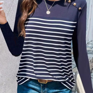 Casual Striped Crew Neck Long Sleeve T-shirt, T-shirts, color:Royal Blue|size:XL, catalog Noracora shop