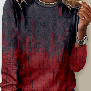 Casual Ethnic Crew Neck Long Sleeve T-shirt, T-shirts, color:Red|size:4XL, catalog Noracora shop