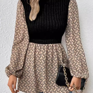 Crew Neck Long Sleeve Geometric Regular Micro-Elasticity Regular Fit Mock Two-Piece Blouse For Women, Blouses, color:Black|size:XL, catalog Noracora shop