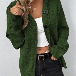 Women Yarn/Wool Yarn Plain Long Sleeve Comfy Casual Buckle Cardigan, Cardigans, color:Army Green|size:XL, catalog Noracora shop