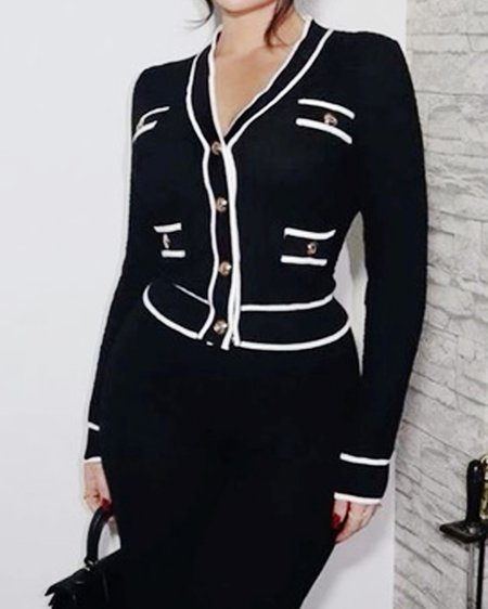 V Neck Buckle Urban Cardigan, Cardigans, color:Black|size:XXL, Stylewe