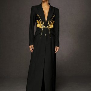Urban Floral Lapel Collar Long Blazer, Blazers, color:Black|size:XXL, Stylewe